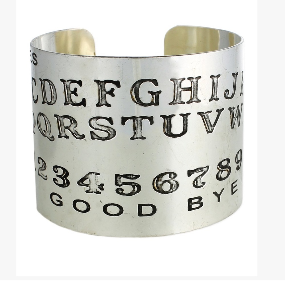 ZAD-Spirit Board (Ouija board style) Cuff- Silvertone, adjustable 1.88"W NWT